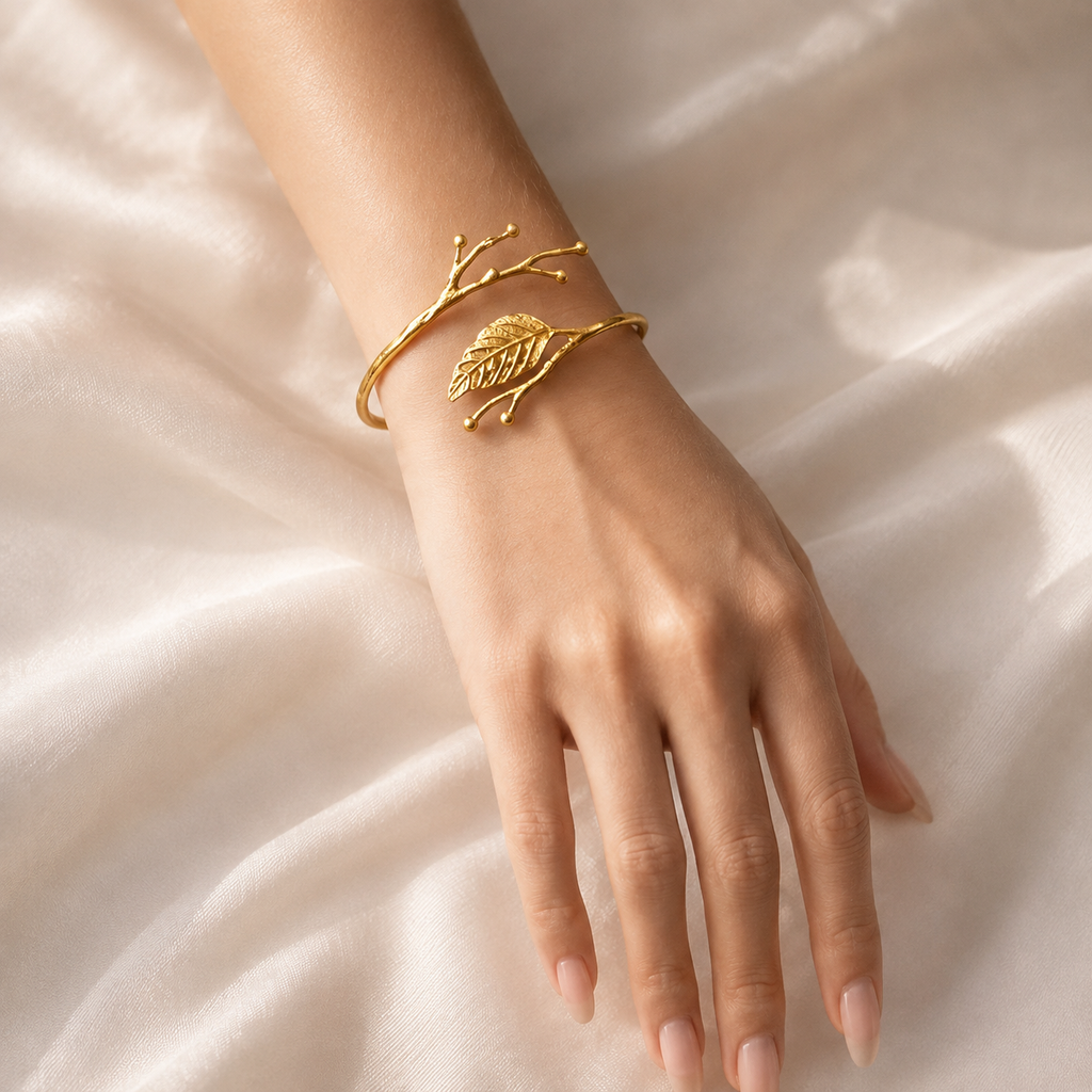 18K Gold Plated Leaf Branch Adjustable Cuff Bracelet | Waterproof & Hypoallergenic