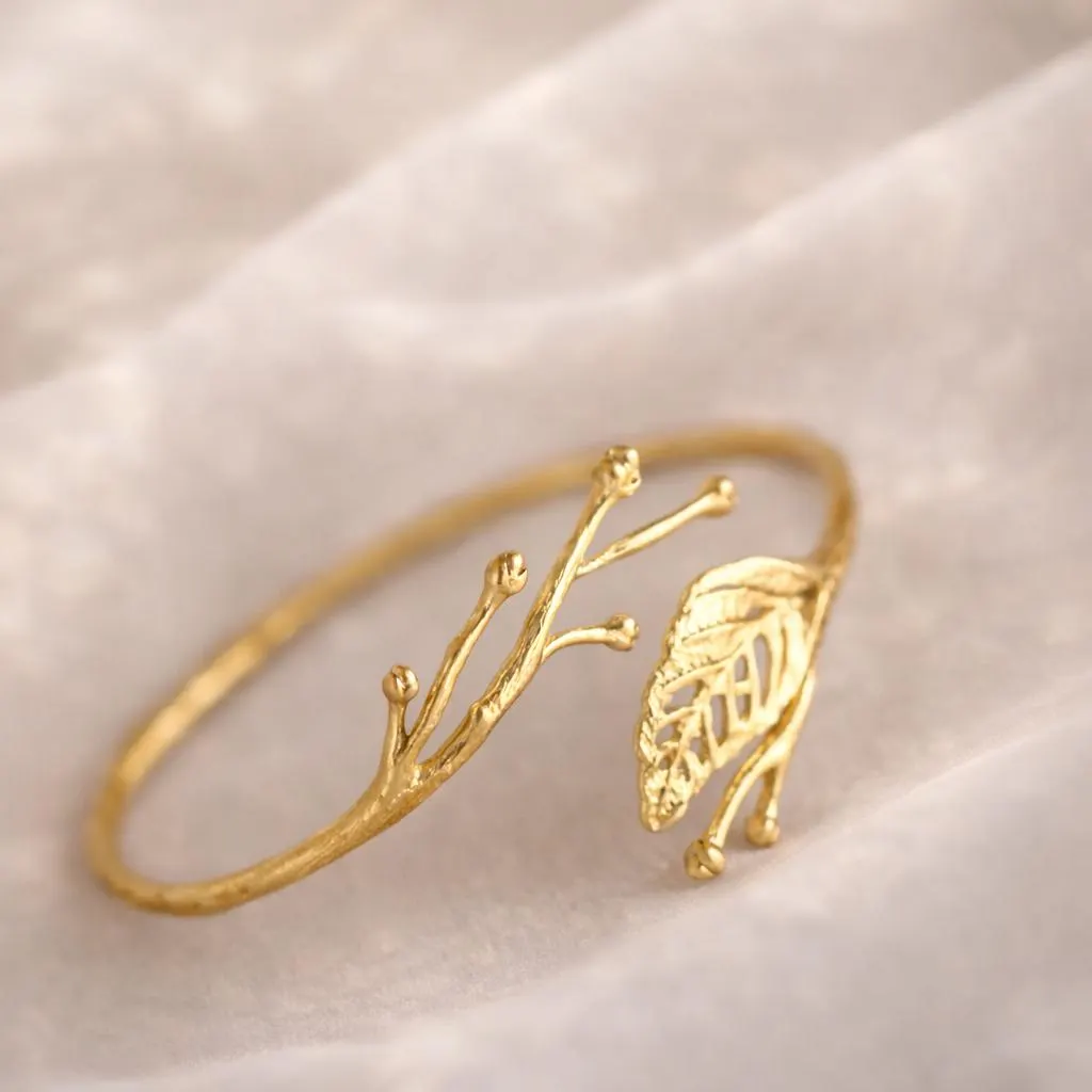 18K Gold Plated Leaf Branch Adjustable Cuff Bracelet | Waterproof & Hypoallergenic
