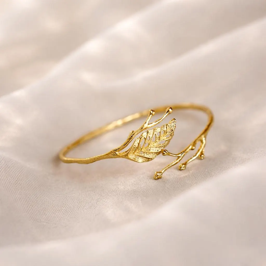18K Gold Plated Leaf Branch Adjustable Cuff Bracelet | Waterproof & Hypoallergenic